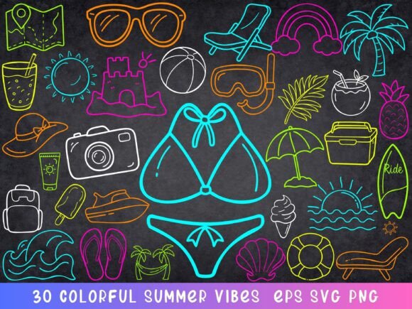 Colorful Summer Clipart Neon Beach SVG Graphics & Illustrations
