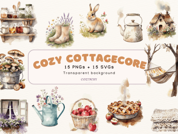 Watercolor Cottagecore Cliparts: Cozy PNG Graphics & Illustrations