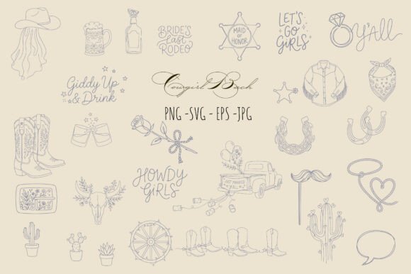 Western Cowgirl Bachelorette Doodle SVG Graphics and Illustrations for Real Editorial Work